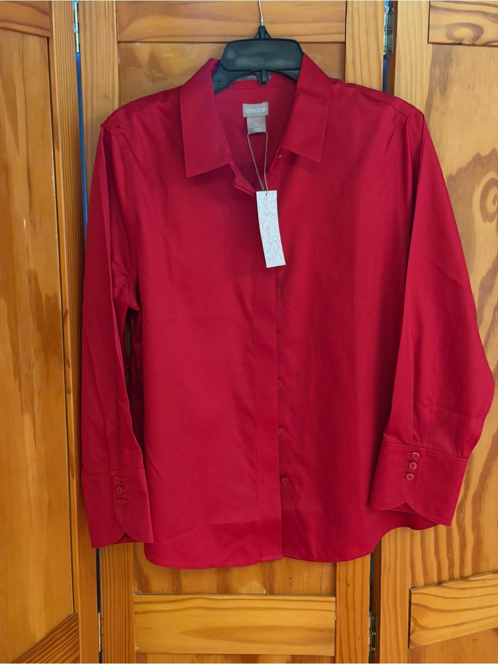 NWT Chico's Women’s Deep Red Button Down No Iron Shirt|Sz12-14P|Minimalist